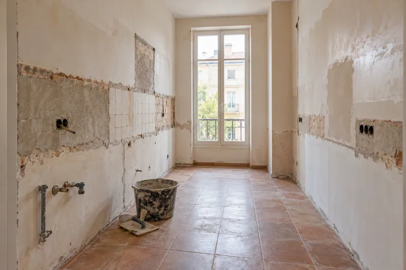Visualización conceptual IA: Cocina sin muebles con paredes en preparación y zonas de enlucido.